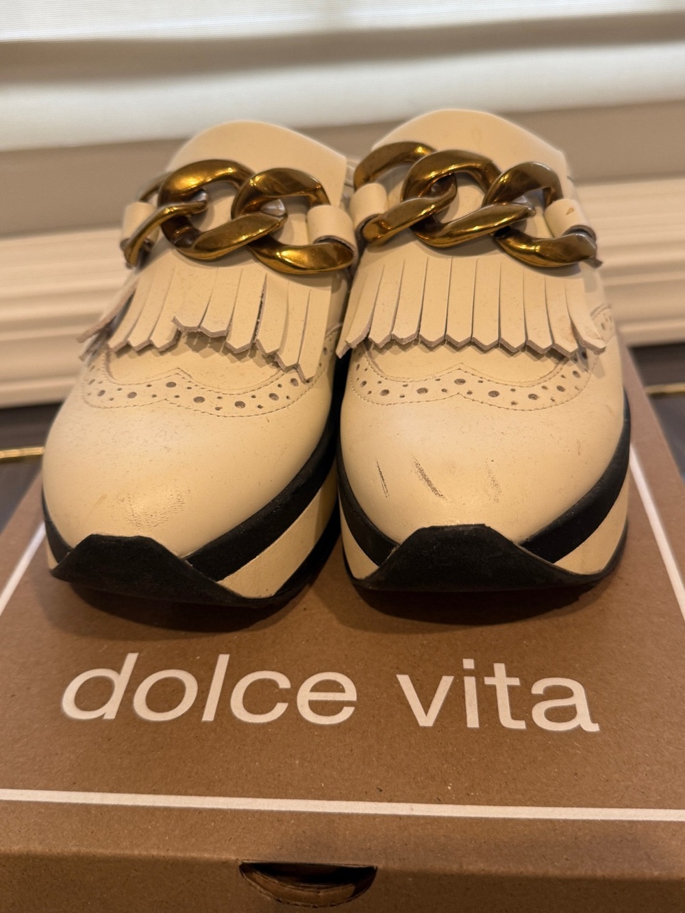 Dolce Vita Cream Fringe Wedge Loafers with Chunky Gold Chain